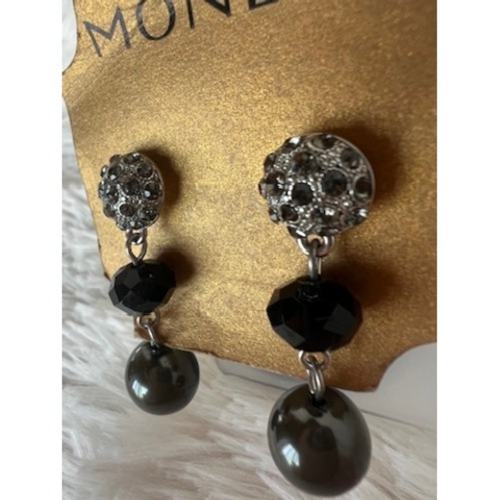 Monet Drop Earrings Black Silver Rhinestone Dangle Crystal Pearl Art Deco Glam - Picture 11 of 13